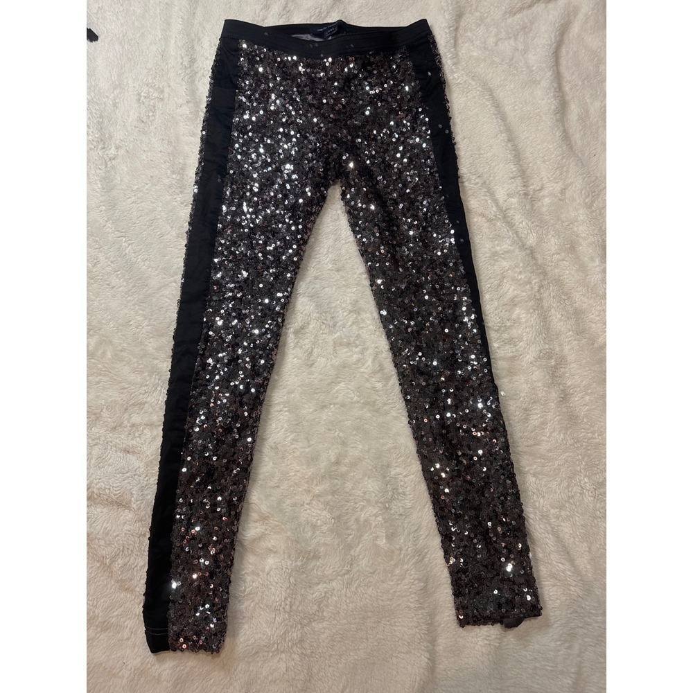 French Connection Sequin Leggings Womens 6 Silver Excellent Side Stripe Sparkle